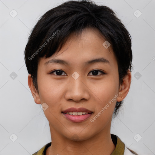 Joyful asian young-adult female with short  brown hair and brown eyes