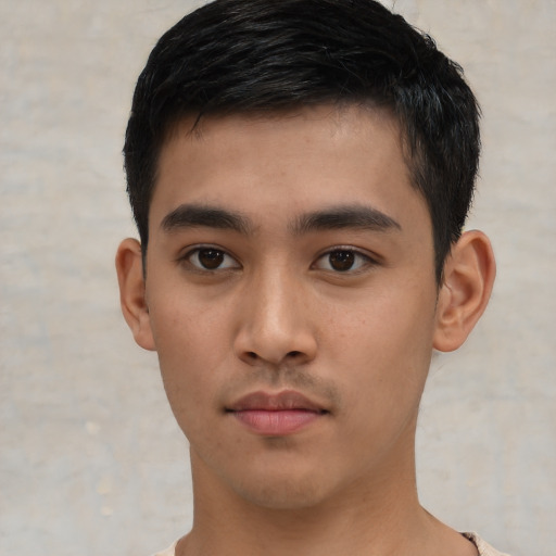 Neutral asian young-adult male with short  black hair and brown eyes