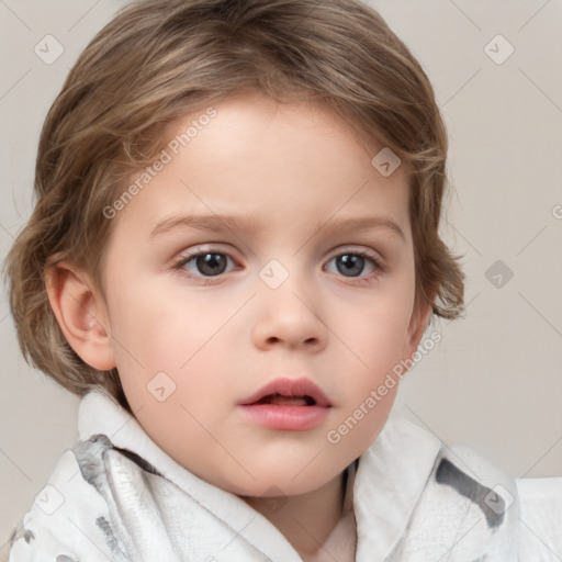 Neutral white child female with medium  brown hair and blue eyes