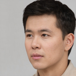 Neutral asian young-adult male with short  black hair and brown eyes