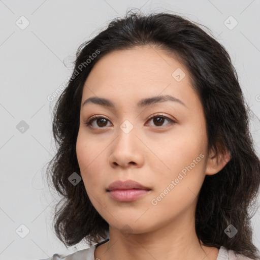 Neutral asian young-adult female with medium  brown hair and brown eyes