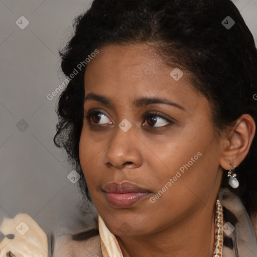 Neutral black young-adult female with medium  brown hair and brown eyes