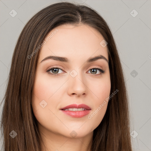 Neutral white young-adult female with long  brown hair and brown eyes