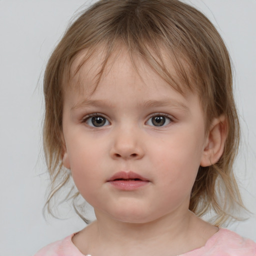 Neutral white child female with medium  brown hair and grey eyes