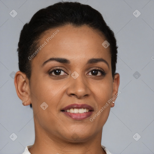 Joyful latino young-adult female with short  brown hair and brown eyes