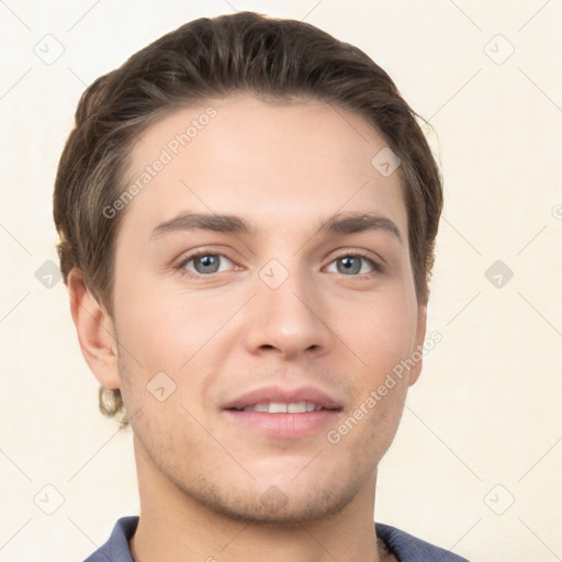 Neutral white young-adult male with short  brown hair and brown eyes