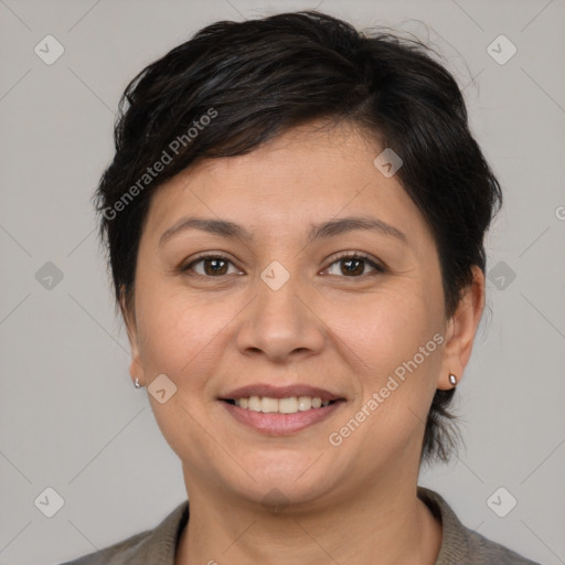 Joyful white adult female with medium  brown hair and brown eyes