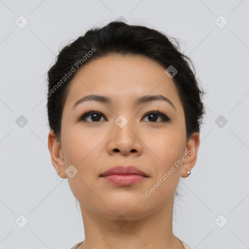 Neutral asian young-adult female with short  brown hair and brown eyes