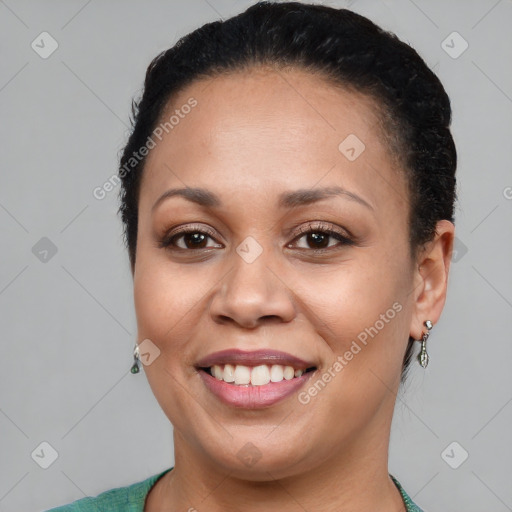 Joyful asian young-adult female with short  brown hair and brown eyes