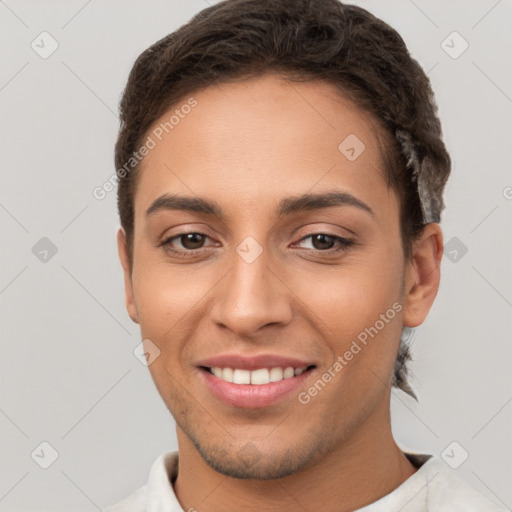 Joyful white young-adult female with short  brown hair and brown eyes