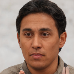 Neutral asian adult male with short  brown hair and brown eyes