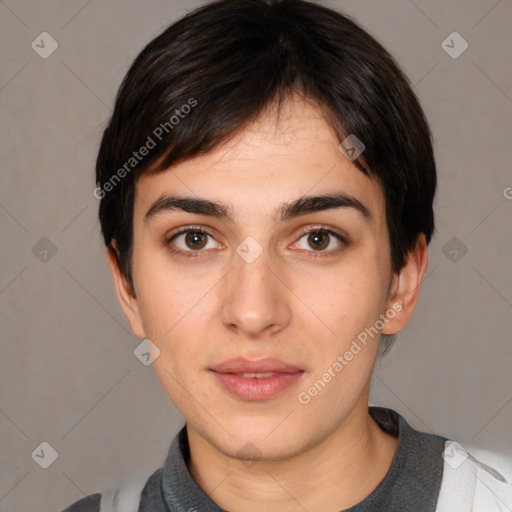 Neutral white young-adult female with short  brown hair and brown eyes