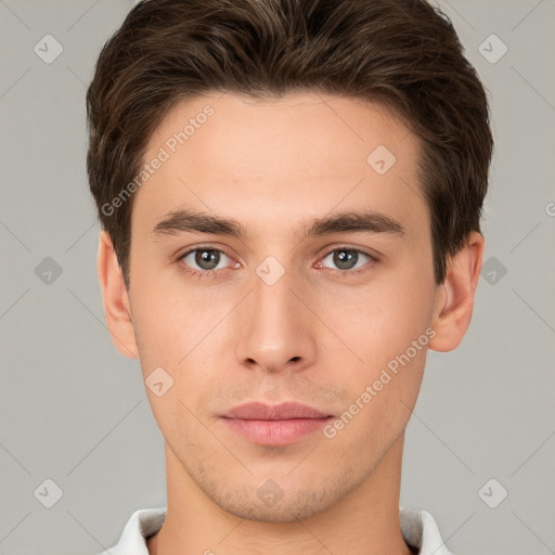 Neutral white young-adult male with short  brown hair and brown eyes