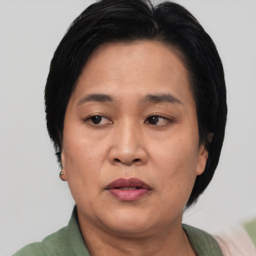 Neutral asian adult female with short  black hair and brown eyes