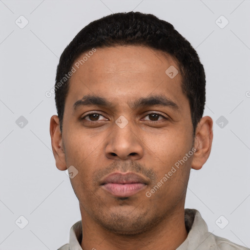 Neutral latino young-adult male with short  black hair and brown eyes