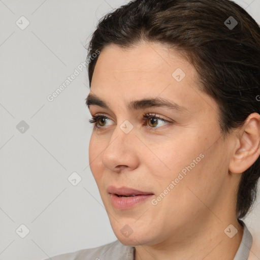 Joyful white young-adult female with medium  brown hair and brown eyes