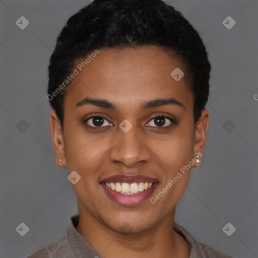 Joyful latino young-adult female with short  brown hair and brown eyes