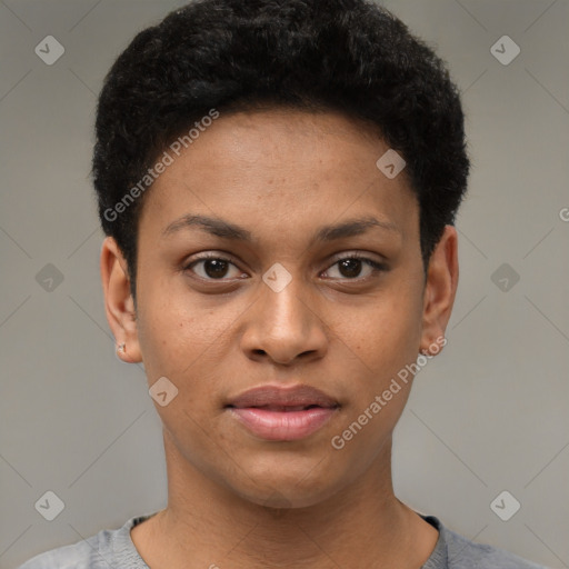 Joyful latino young-adult female with short  black hair and brown eyes