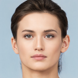 Neutral white young-adult female with short  brown hair and brown eyes