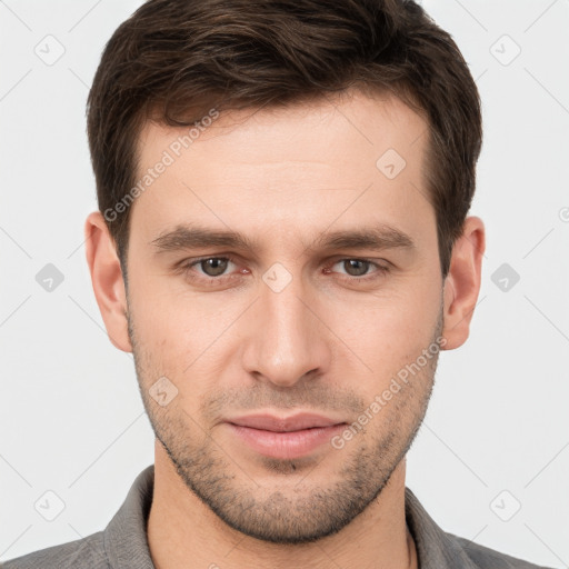 Neutral white young-adult male with short  brown hair and brown eyes