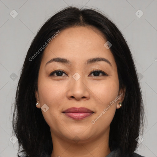 Joyful asian young-adult female with medium  brown hair and brown eyes