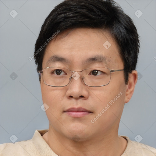 Neutral asian adult male with short  brown hair and brown eyes