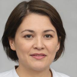 Joyful white adult female with medium  brown hair and brown eyes