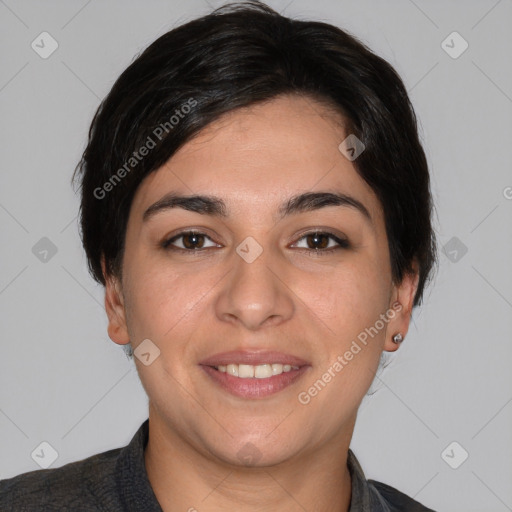 Joyful white young-adult female with short  brown hair and brown eyes