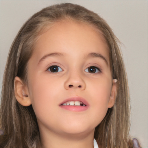 Neutral white child female with long  brown hair and brown eyes