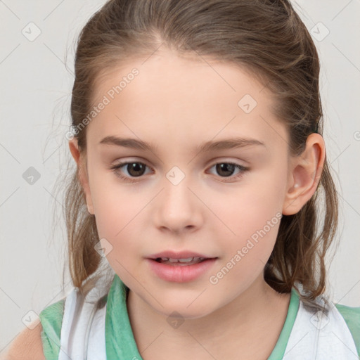 Joyful white child female with medium  brown hair and brown eyes