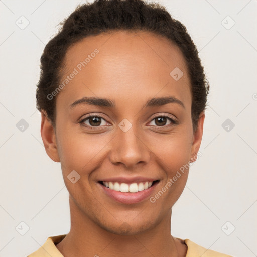 Joyful white young-adult female with short  brown hair and brown eyes