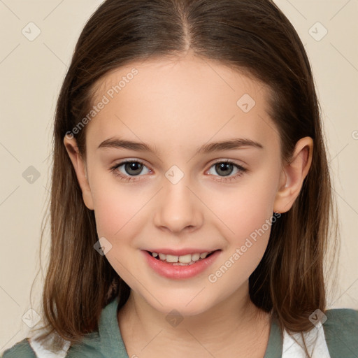 Joyful white child female with medium  brown hair and brown eyes