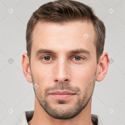 Neutral white young-adult male with short  brown hair and grey eyes