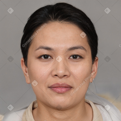 Joyful asian young-adult female with short  black hair and brown eyes