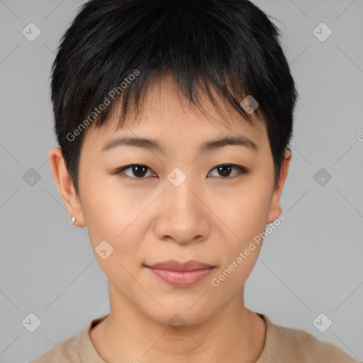 Joyful asian young-adult female with short  brown hair and brown eyes