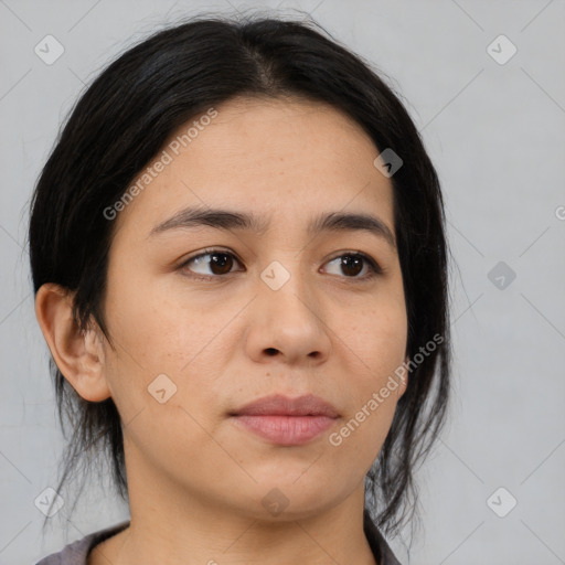 Neutral asian young-adult female with medium  black hair and brown eyes