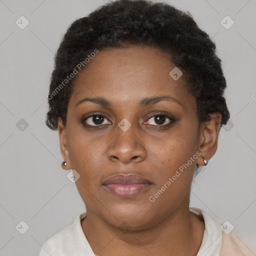 Neutral black young-adult female with short  brown hair and brown eyes