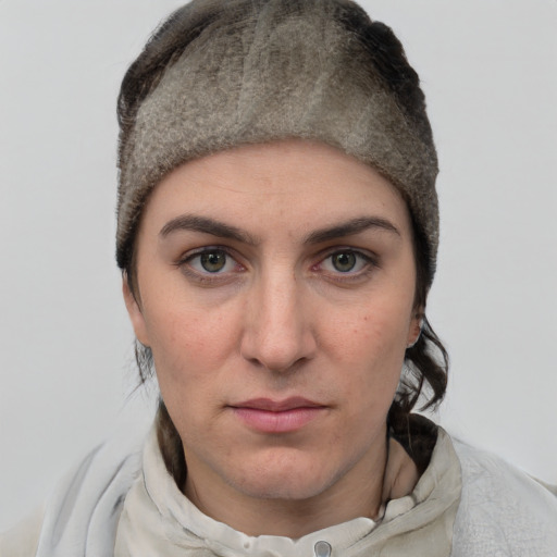 Neutral white young-adult female with short  brown hair and brown eyes