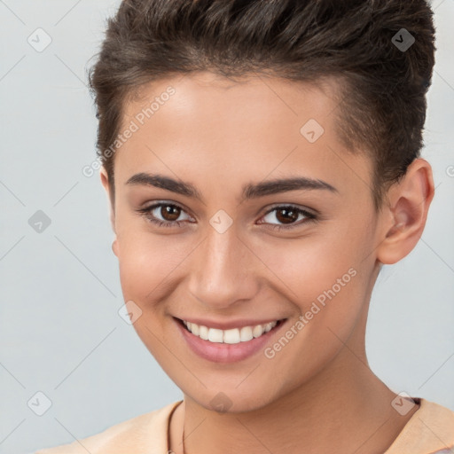 Joyful white young-adult female with short  brown hair and brown eyes