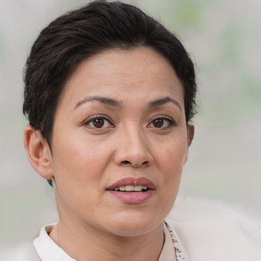 Joyful white adult female with short  brown hair and brown eyes