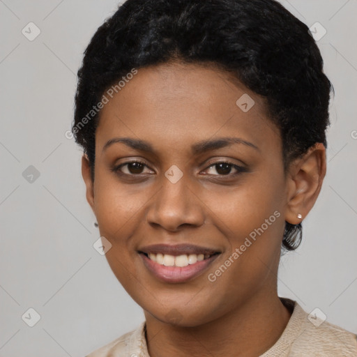 Joyful latino young-adult female with short  black hair and brown eyes