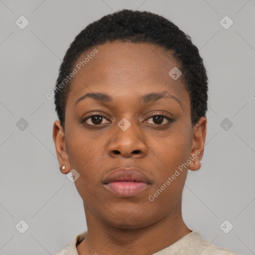 Neutral black young-adult female with short  black hair and brown eyes