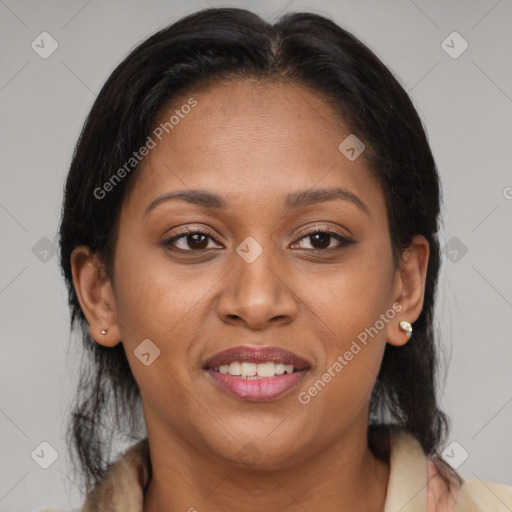 Joyful latino young-adult female with medium  brown hair and brown eyes