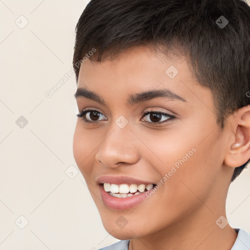 Joyful white young-adult female with short  brown hair and brown eyes