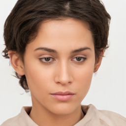 Neutral white young-adult female with short  brown hair and brown eyes