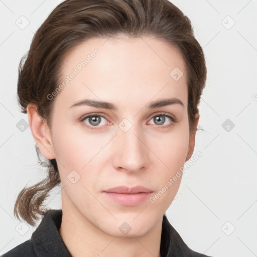 Neutral white young-adult female with medium  brown hair and grey eyes