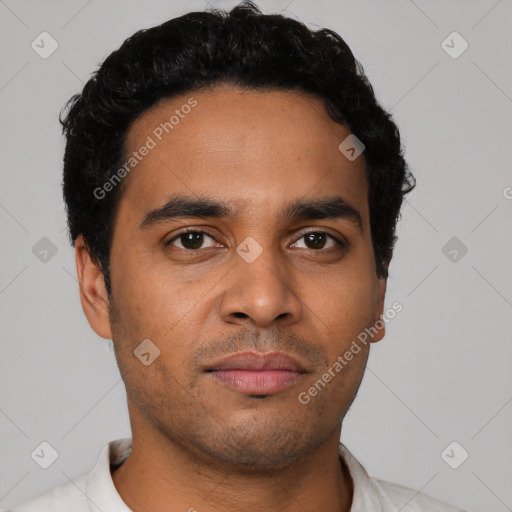 Neutral latino young-adult male with short  black hair and brown eyes