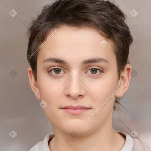 Neutral white young-adult female with short  brown hair and brown eyes