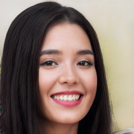 Joyful white young-adult female with long  black hair and brown eyes