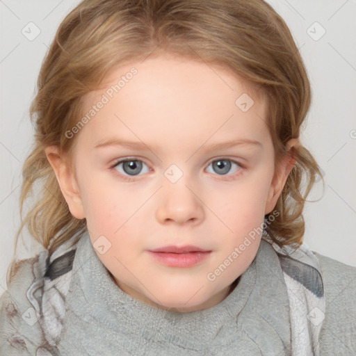 Neutral white child female with medium  brown hair and blue eyes